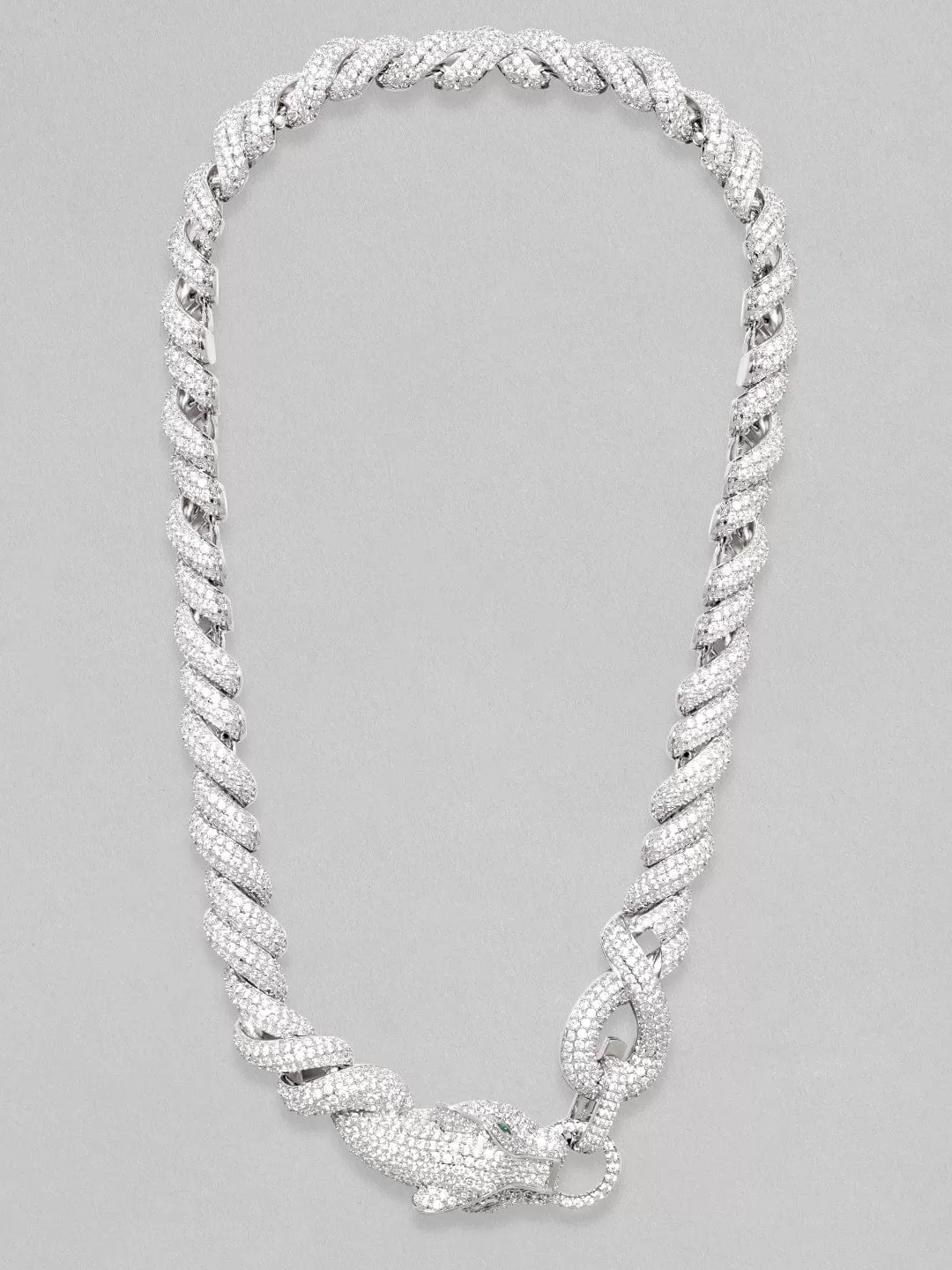 Rubans Rhodium Plated Premium Crystal Link Chain Panther Motif Choker Necklace