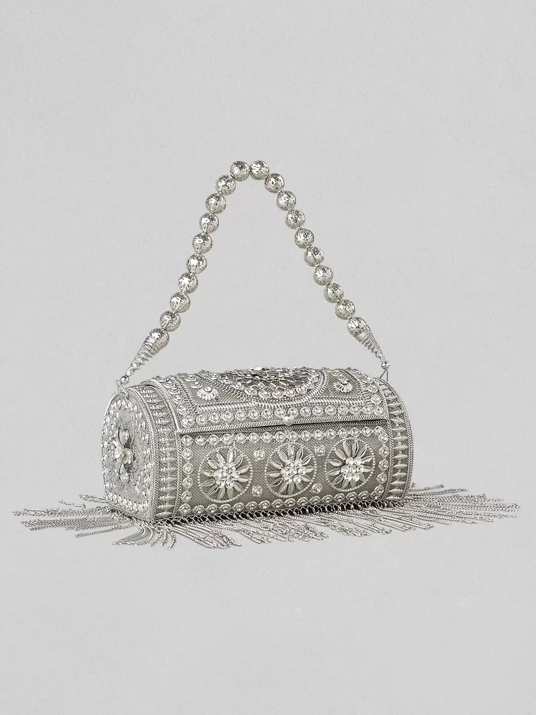 Rubans Silver Colour Bag With Embroided Silver Design.