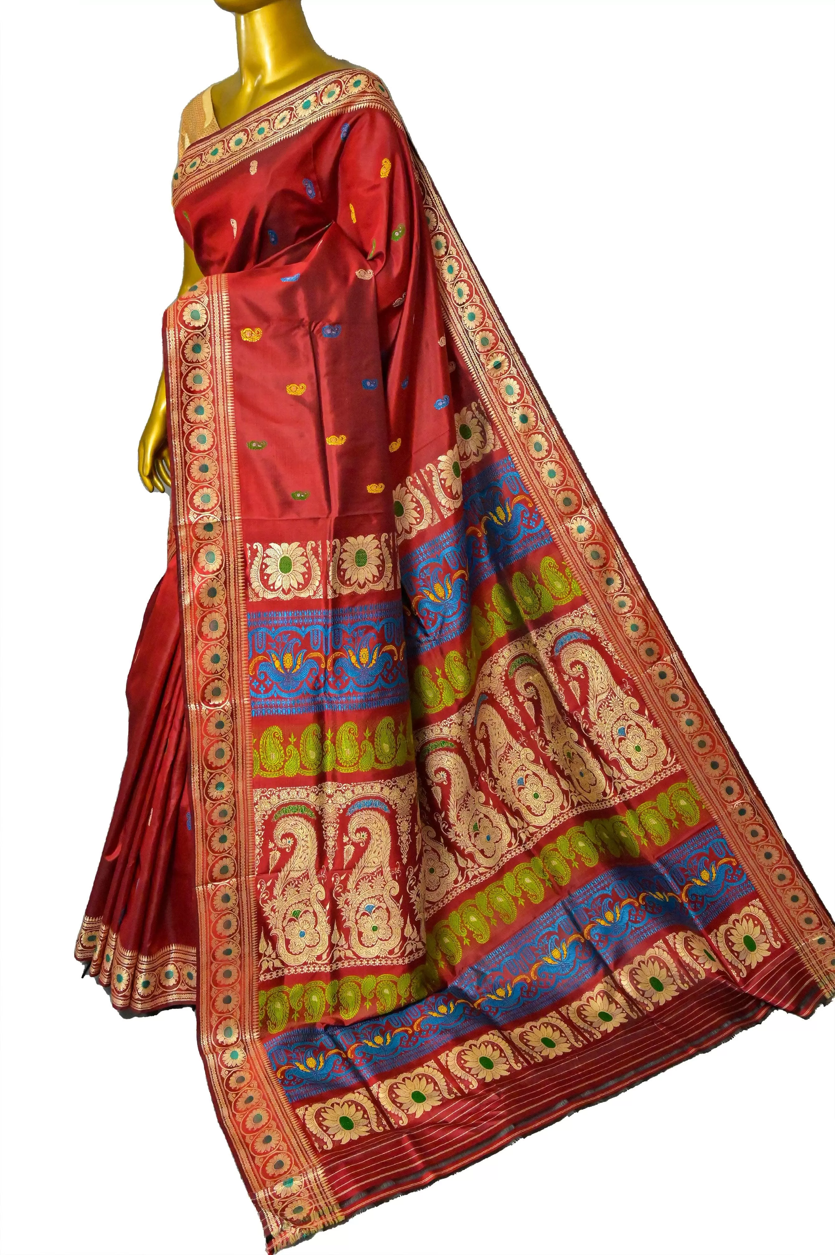 Rust Red Color Revival Golani Baluchari Silk Saree with Meenakari Work