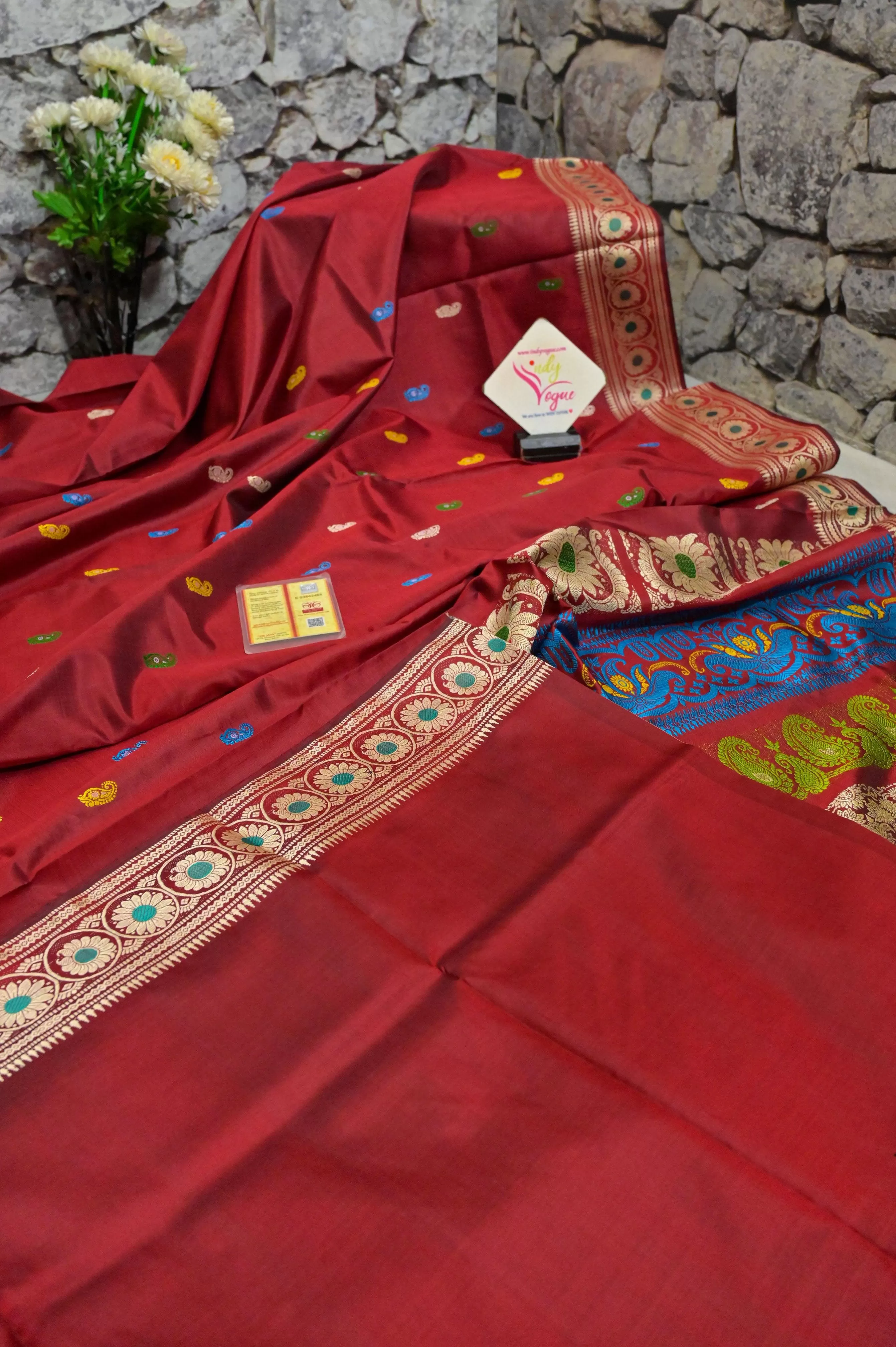 Rust Red Color Revival Golani Baluchari Silk Saree with Meenakari Work