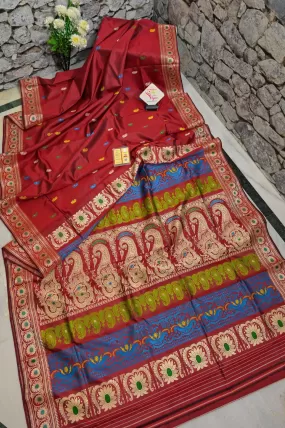 Rust Red Color Revival Golani Baluchari Silk Saree with Meenakari Work