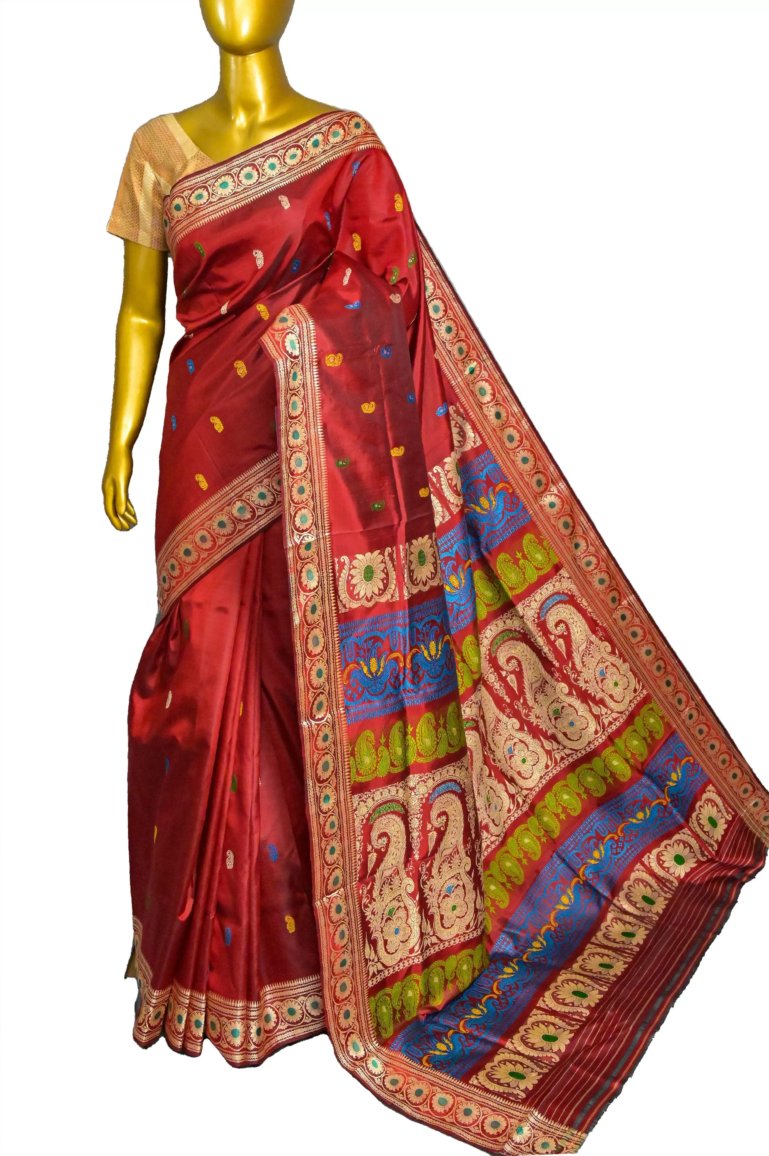 Rust Red Color Revival Golani Baluchari Silk Saree with Meenakari Work