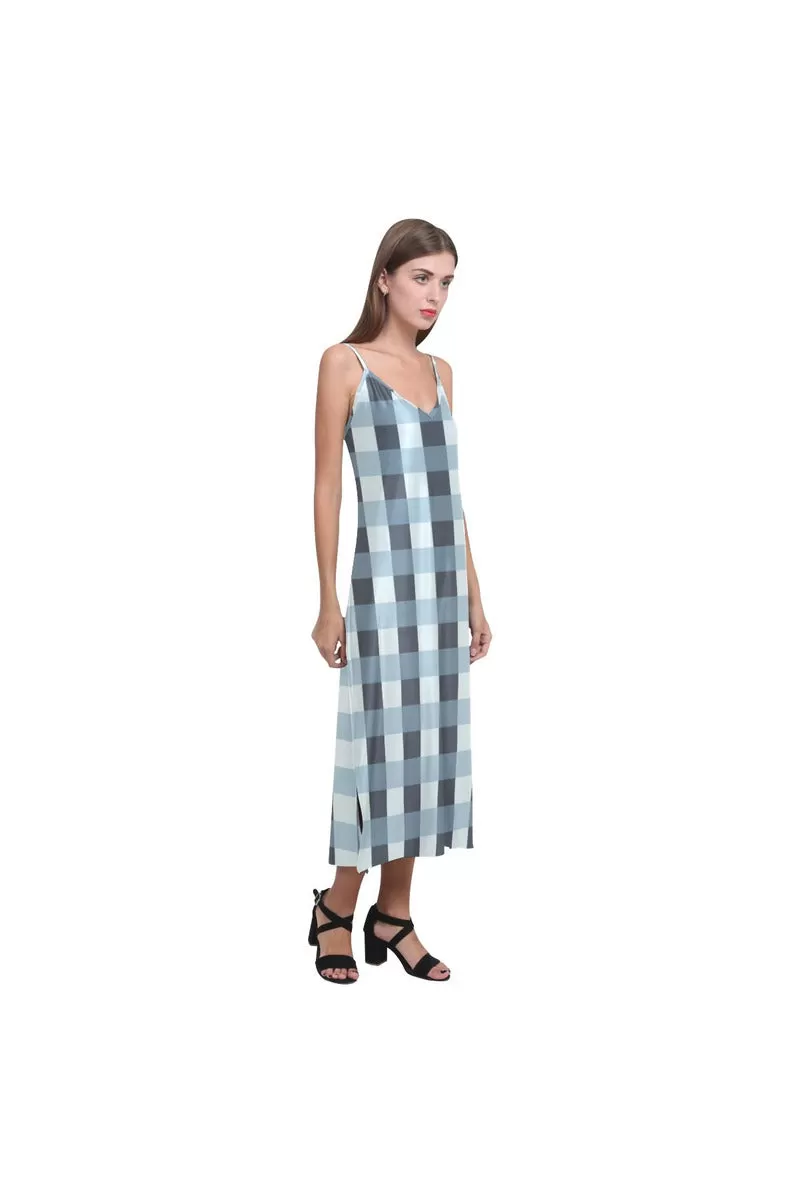 Tartan Turquoise V-Neck Open Fork Long Dress