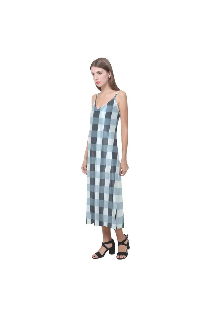 Tartan Turquoise V-Neck Open Fork Long Dress