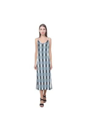 Tartan Turquoise V-Neck Open Fork Long Dress