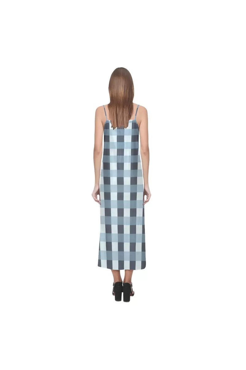 Tartan Turquoise V-Neck Open Fork Long Dress