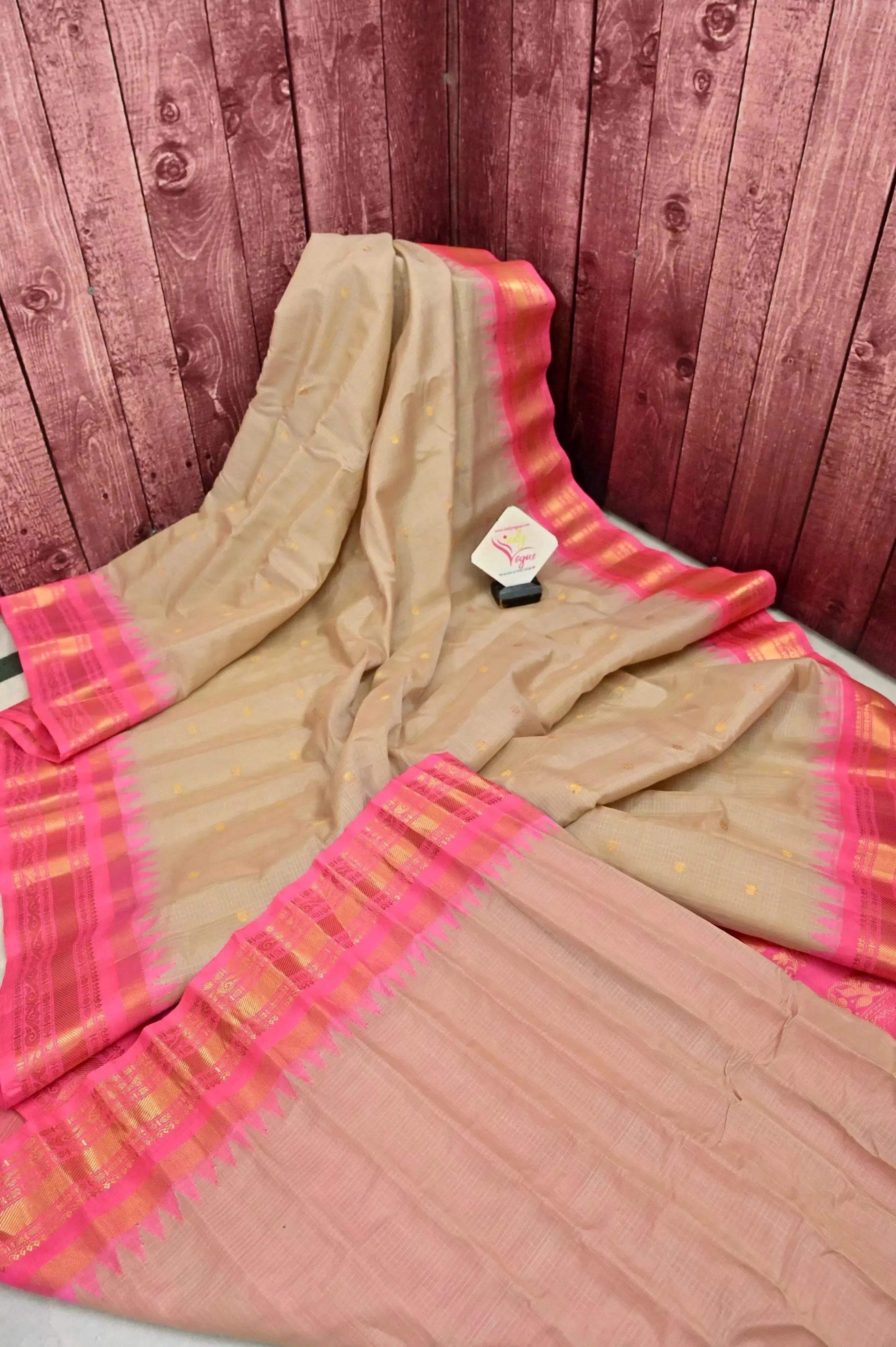 Tussar Color Sico Gadwal Silk Saree with Checks on Body and Golden Butta Work