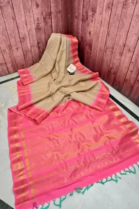 Tussar Color Sico Gadwal Silk Saree with Checks on Body and Golden Butta Work