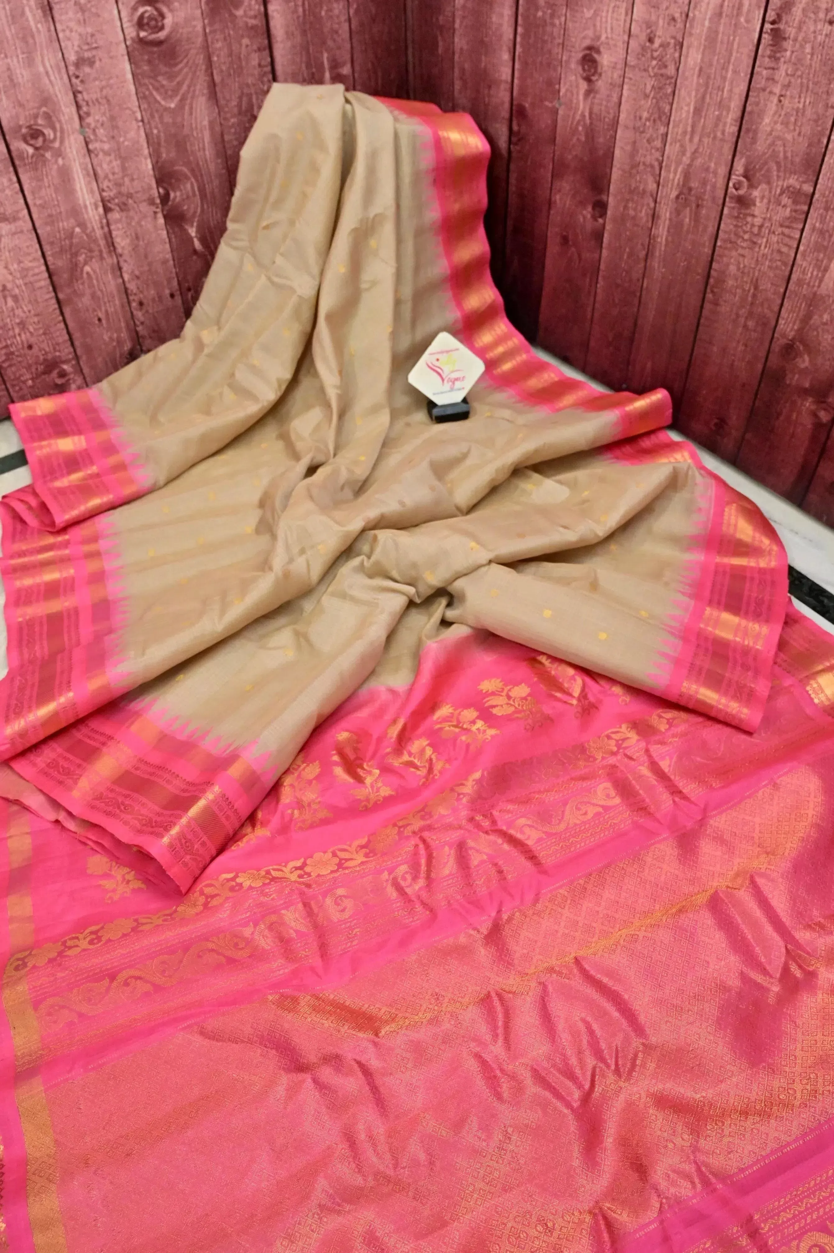 Tussar Color Sico Gadwal Silk Saree with Checks on Body and Golden Butta Work