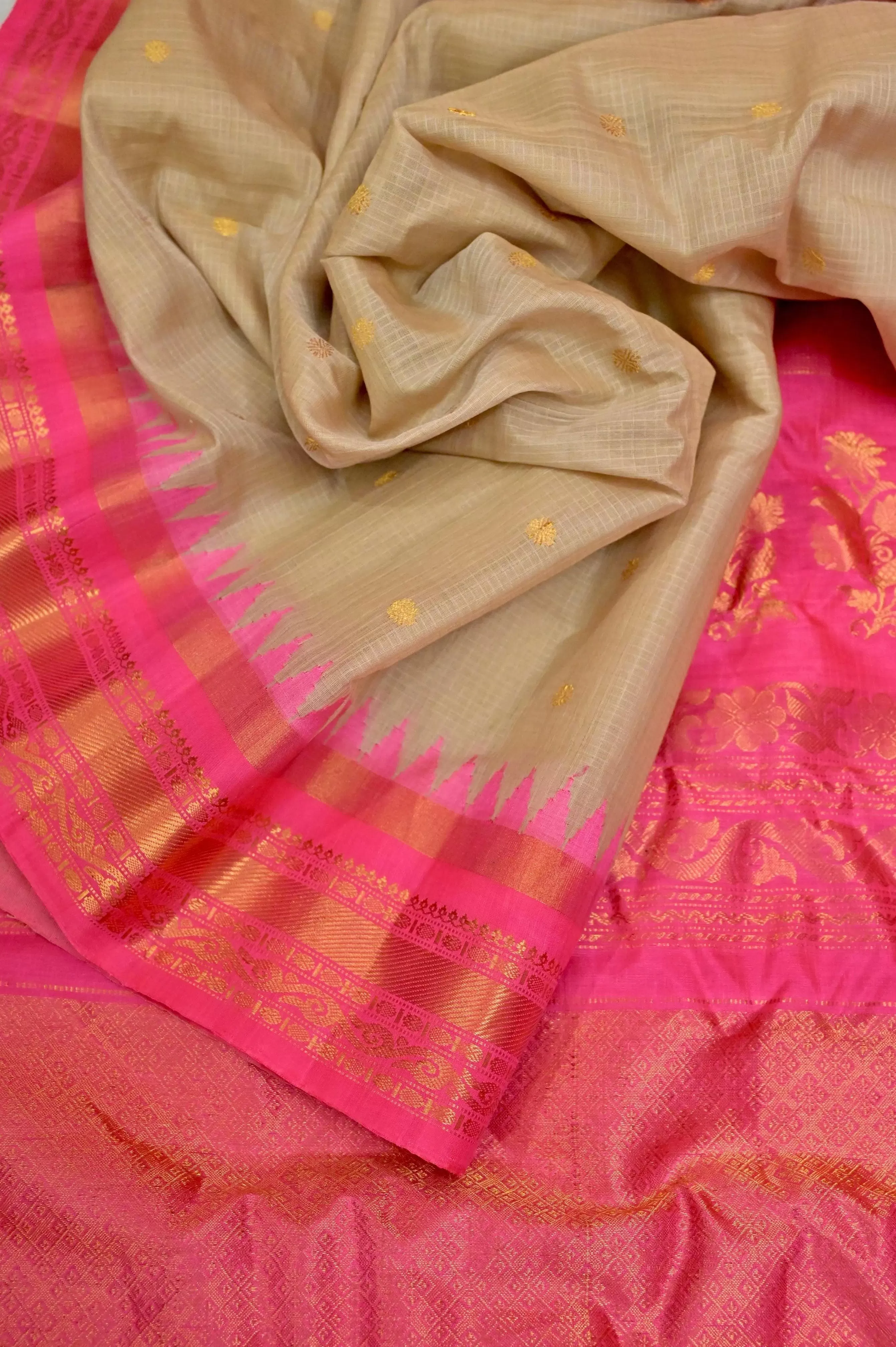 Tussar Color Sico Gadwal Silk Saree with Checks on Body and Golden Butta Work