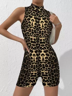 Tutina Donna Giromanica Fantasia Leopardata Aderente Sexy