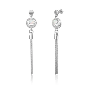 Women Circle White Opal Drop 925 Sterling Silver Long Tassel Earrings