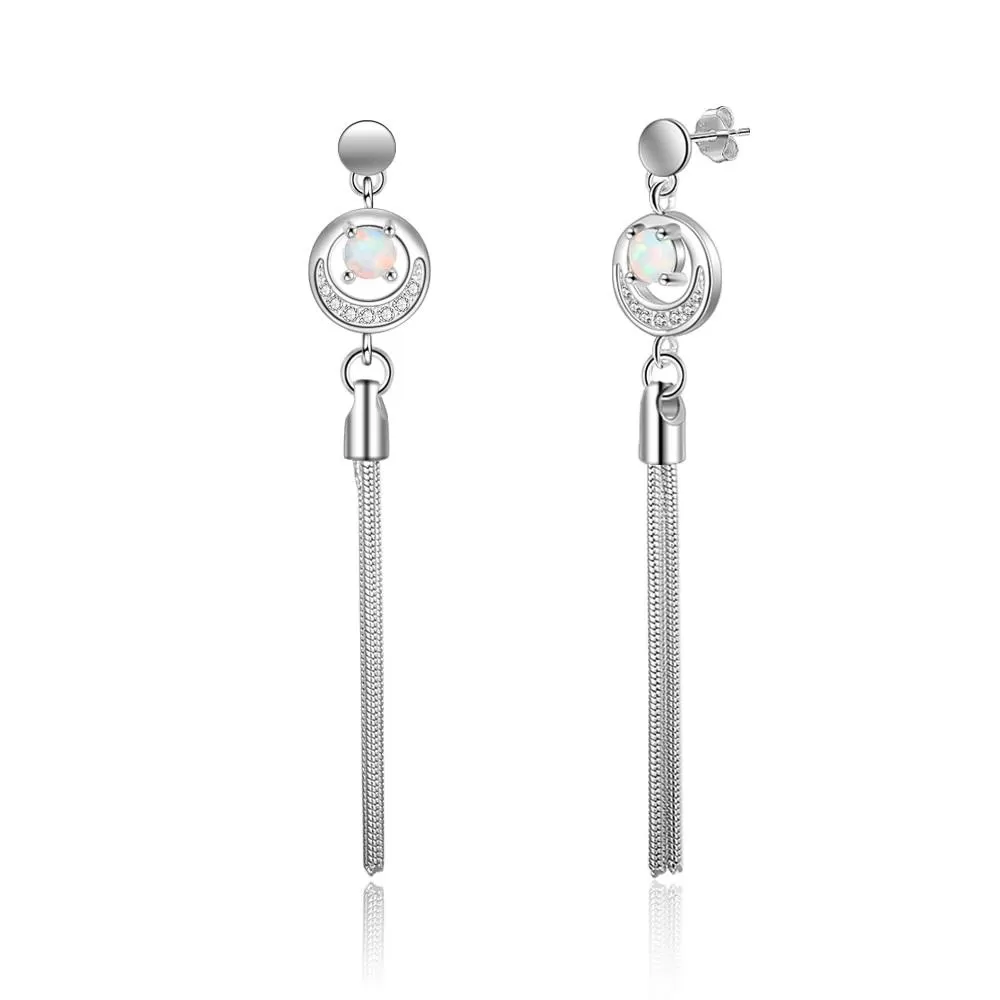 Women Circle White Opal Drop 925 Sterling Silver Long Tassel Earrings