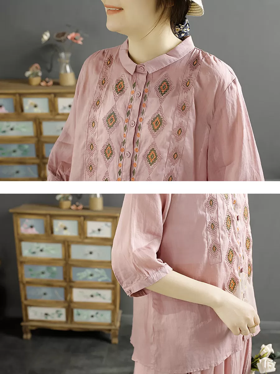 Women Ethnic Rhomboids Embroidery Ramie Button Up Blouse KL1031