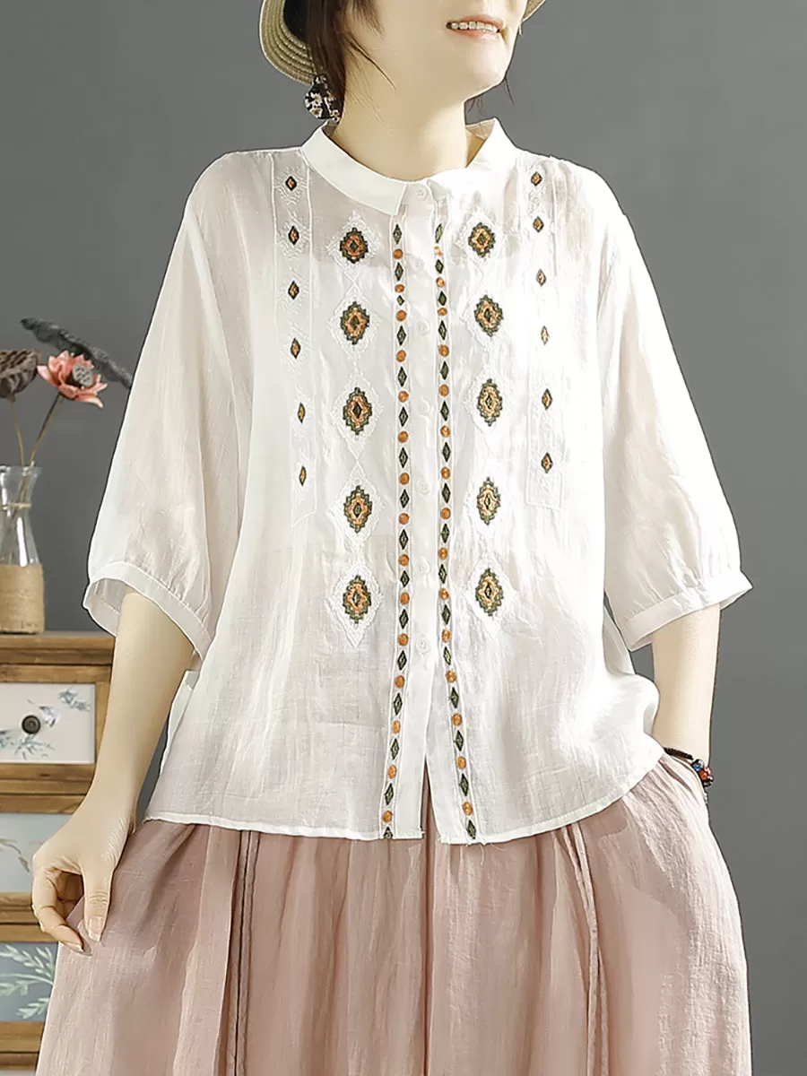 Women Ethnic Rhomboids Embroidery Ramie Button Up Blouse KL1031