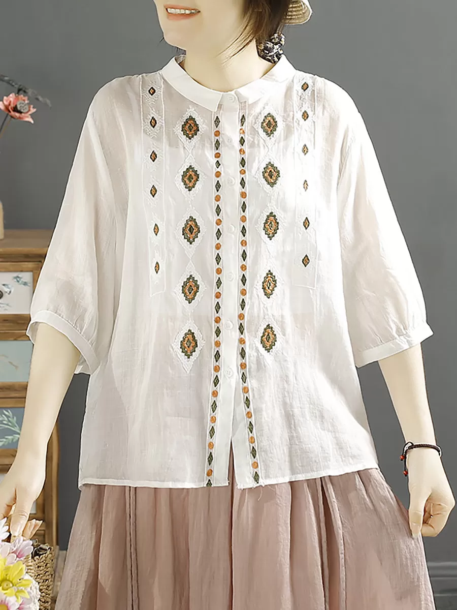 Women Ethnic Rhomboids Embroidery Ramie Button Up Blouse KL1031