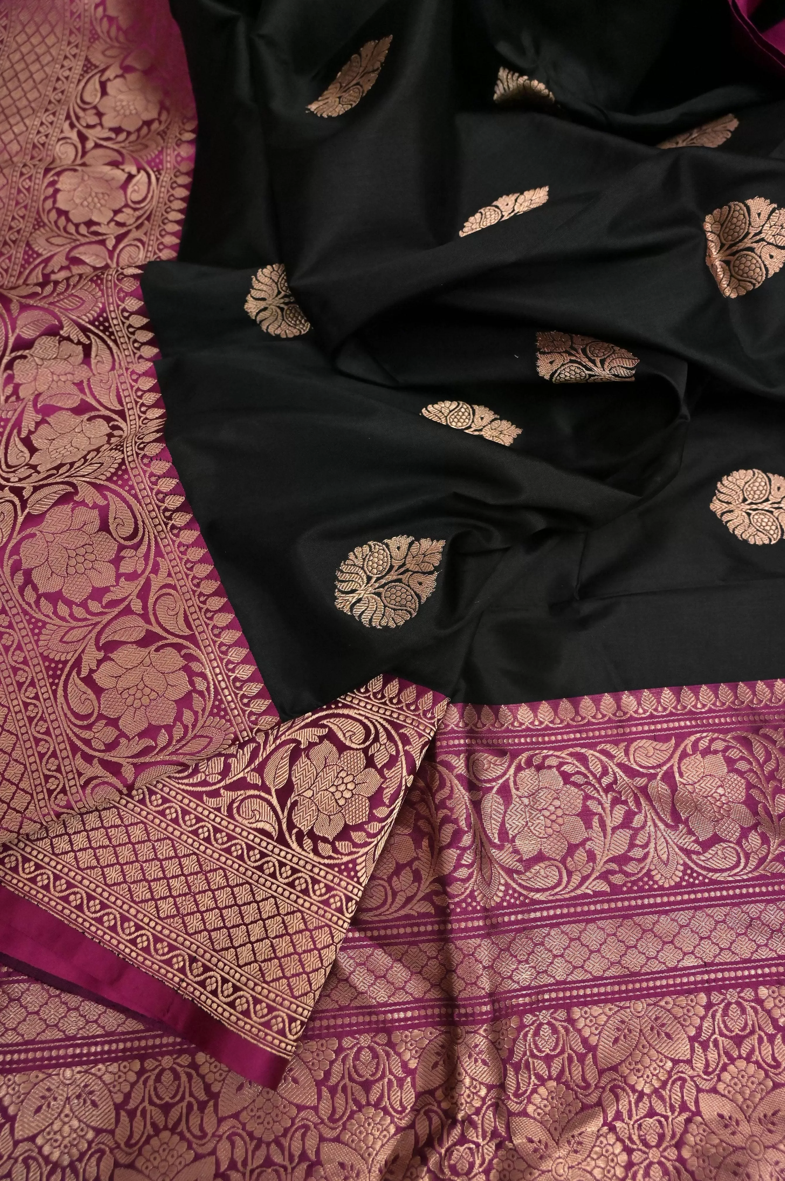 Zeus Black Color Katan Banarasi Saree with Allover Butta Work