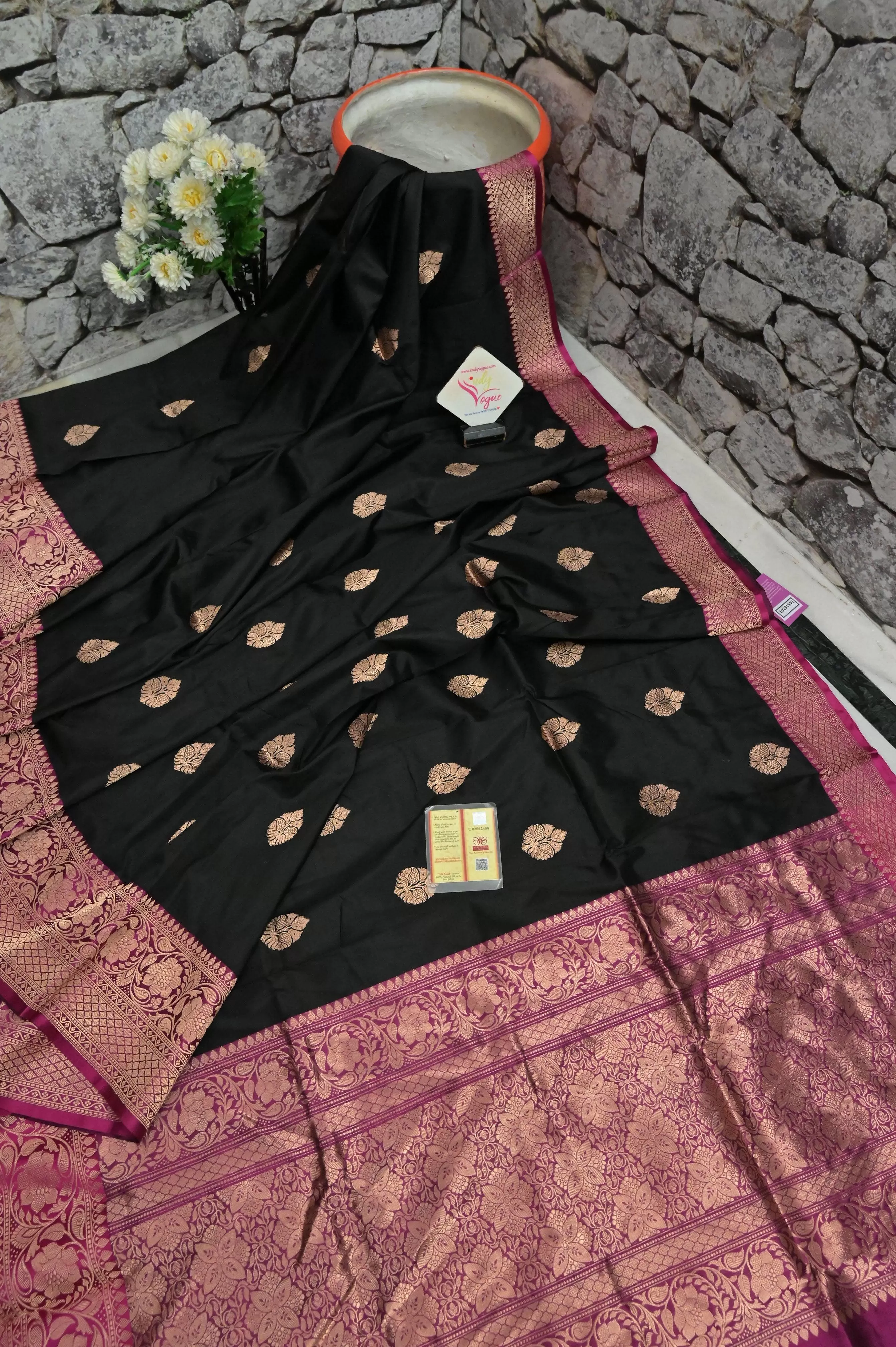 Zeus Black Color Katan Banarasi Saree with Allover Butta Work