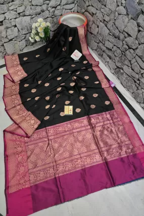 Zeus Black Color Katan Banarasi Saree with Allover Butta Work